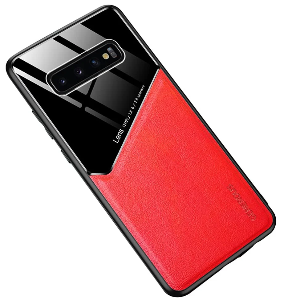 DL3 Mobilak Faux Leather and Plexiglass Protective Case with TPU Frame and Magnetic Car-Mount Support for Samsung Galaxy S10 Plus S10+ - Red