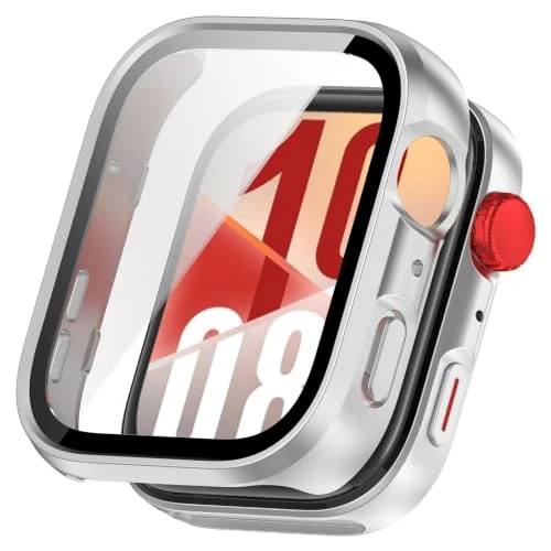 Dl3 Mobilak Case Compatible with Huawei Watch Fit 4, Full Coverage Slim Hard Case Protective Bumper Built-in Tempered Glass Screen Protector Shell for Huawei Watch Fit 4 (Silver)