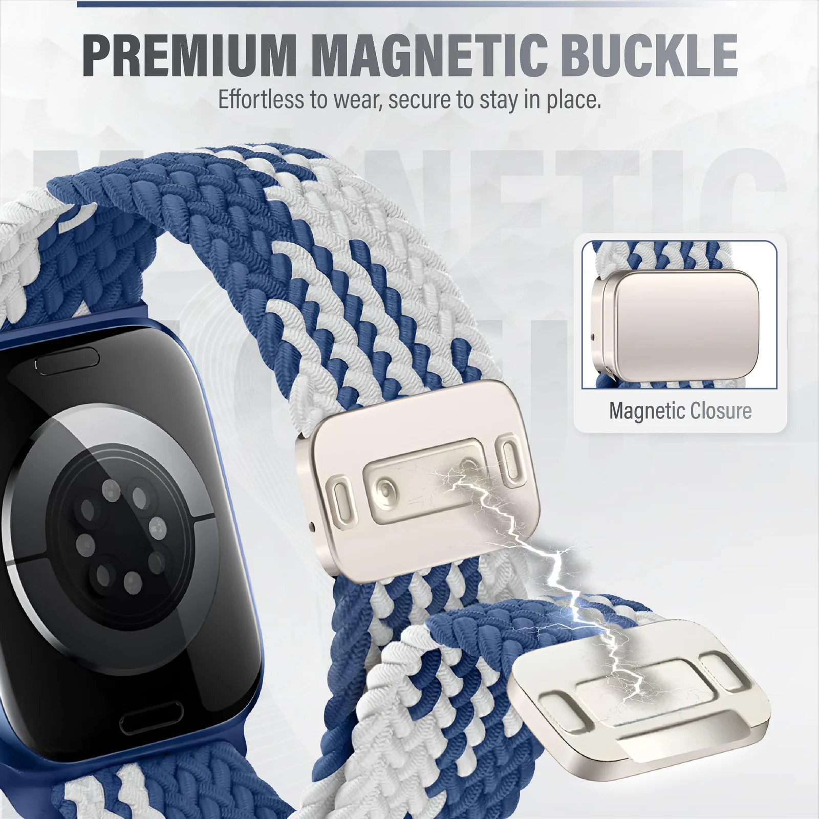 DL3 Mobilak Sport Solo Loop Compatible with Apple Watch Band 42mm 44mm 45mm 46mm 49mm for Women Men, Magnetic Strap Stretchy Braided Wristband for iWatch Series 11 10 9 8 7 6 5 4 3 Ultra 3 2 1 SE SE2 - Blue-White