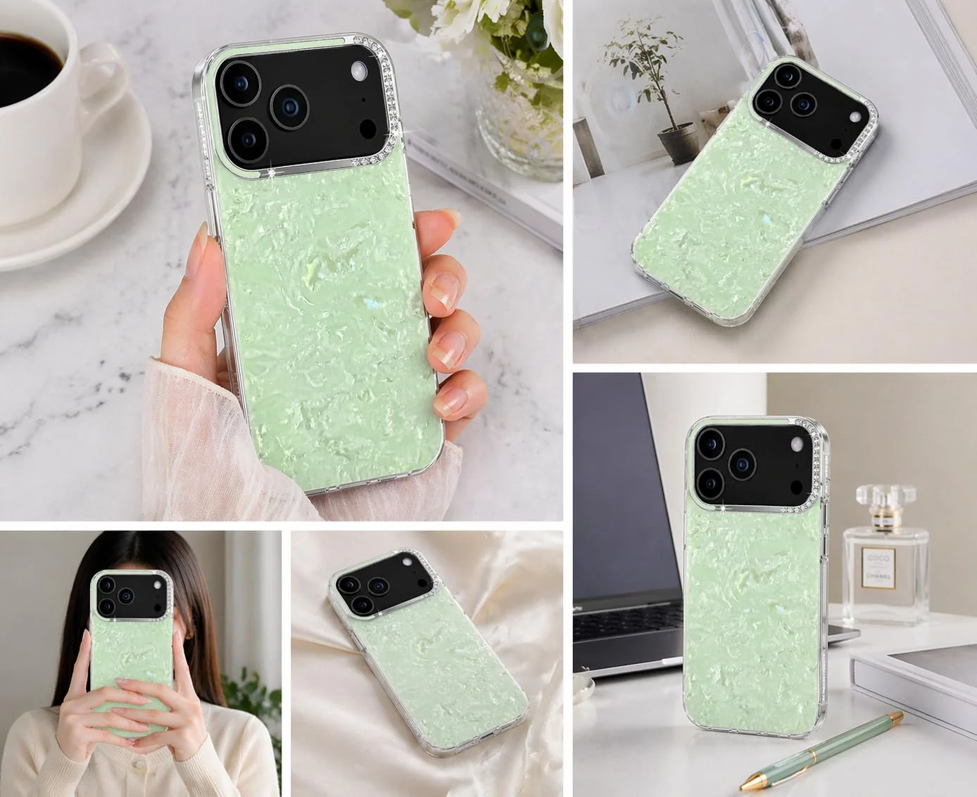 DL3 Mobilak Glitter Rhinestone Protective Case for iPhone 15 Pro Max with Shockproof Design - Mint Green