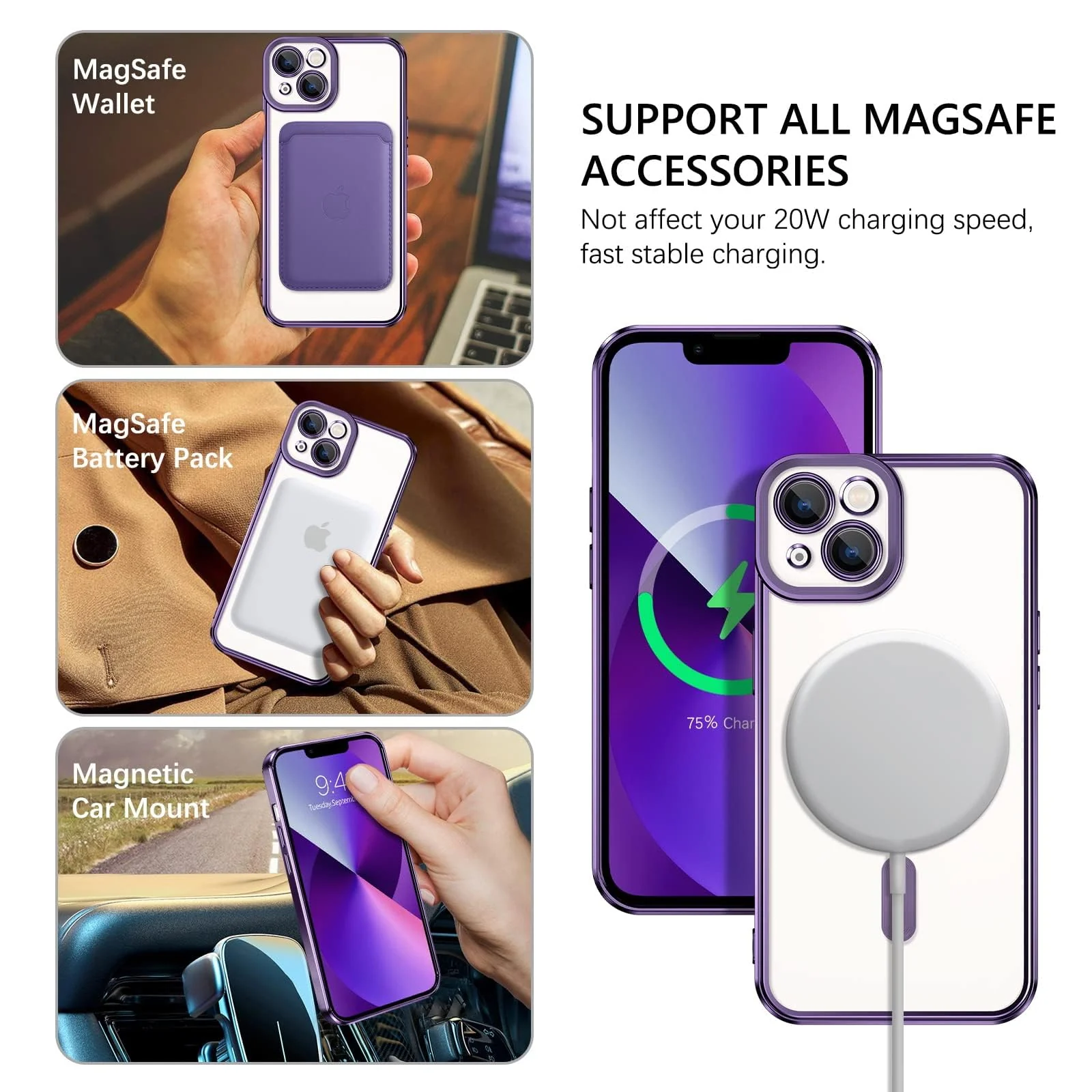 DL3 Mobilak Clear TPU Case for iPhone 13 (6.1 Inch) Compatible with, Compatible with MagSafe accessories, Supports wireless charging, Camera protection - Deep Purple