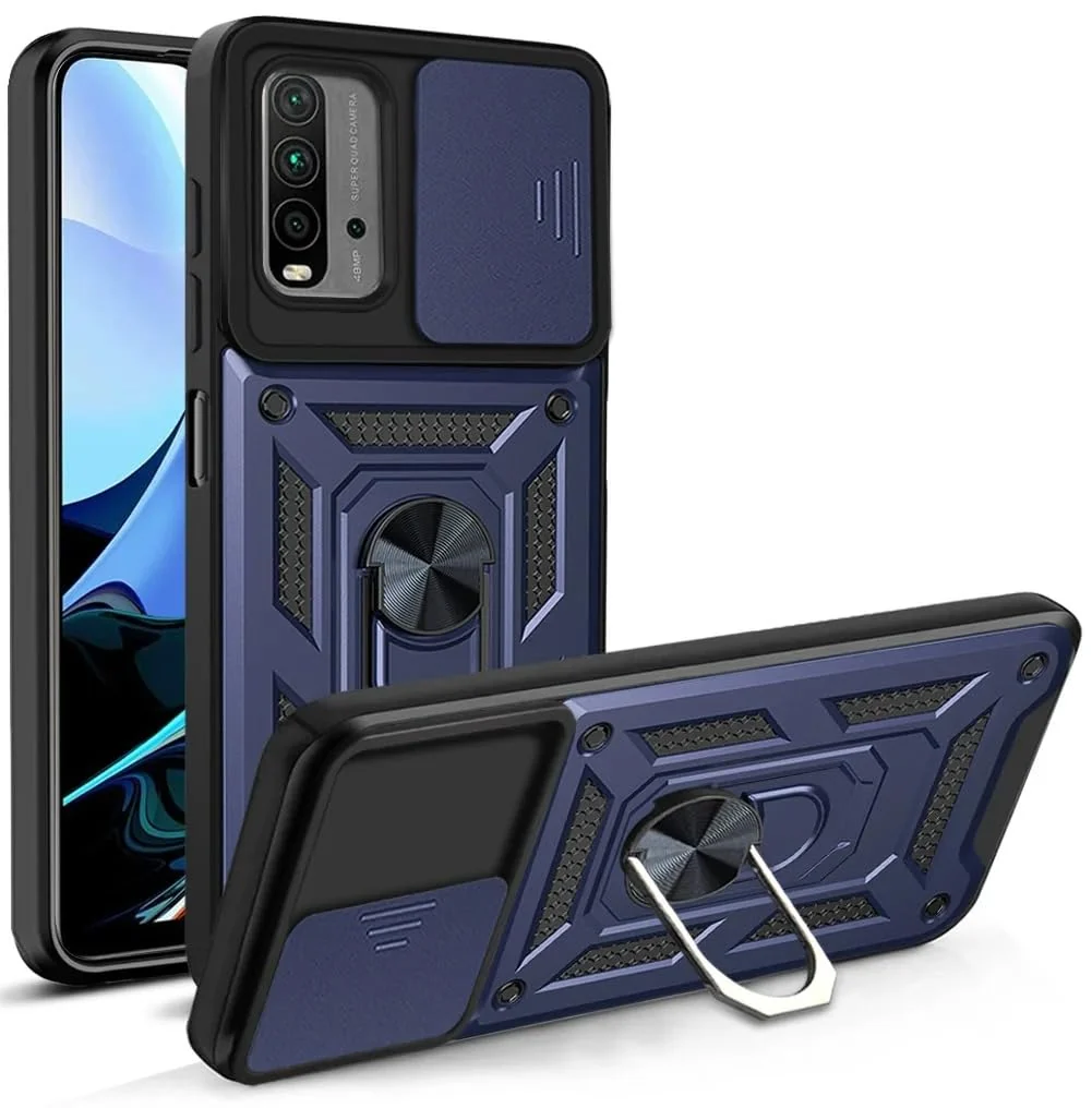 DL3 Mobilak Military-Grade Protective Case with Sliding Camera Cover, Metal Ring Kickstand and Magnetic Car-Mount Support for Xiaomi Redmi 9T / Poco M3 / Redmi Note 9 4G - Blue