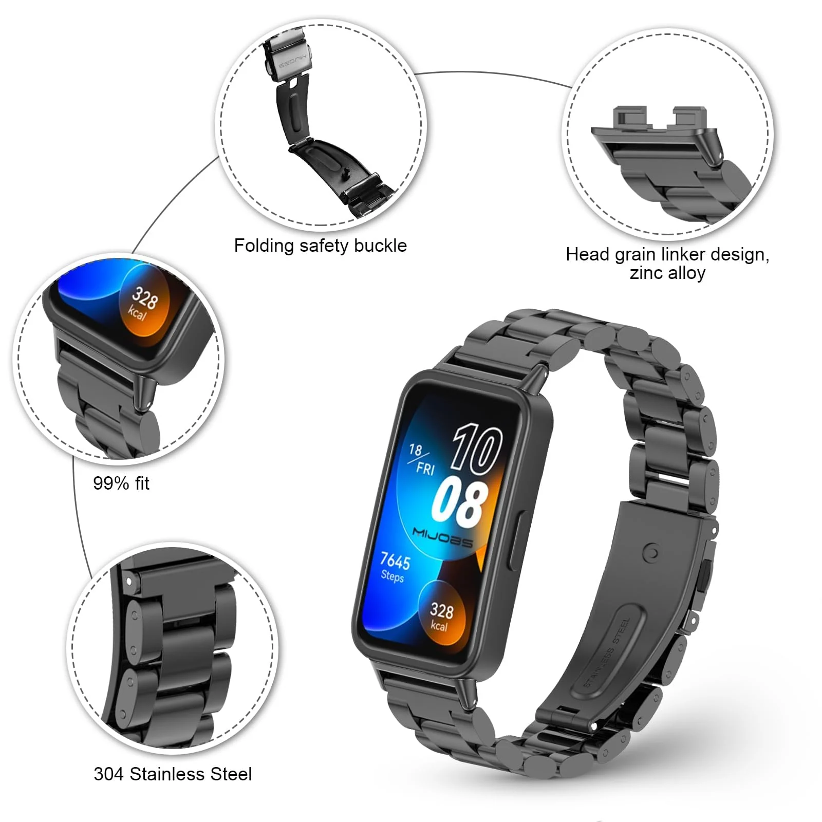 DL3 Mobilak Metal Strap Compatible with HUAWEI Band 10 / HUAWEI Band 9 / HUAWEI Band 8, Stainless Steel Replacement Band with Folding Clasp, Adjustable Replacement Bracelet Wristband - Black