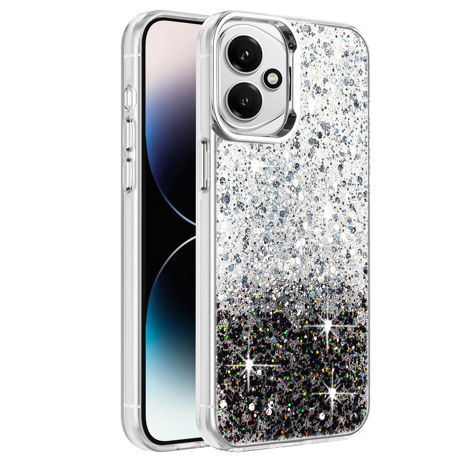 DL3 Mobilak Glitter Protective Case for Honor 400 5G, Supports wireless charging, Camera protection, Shock-absorbing protection - White Black