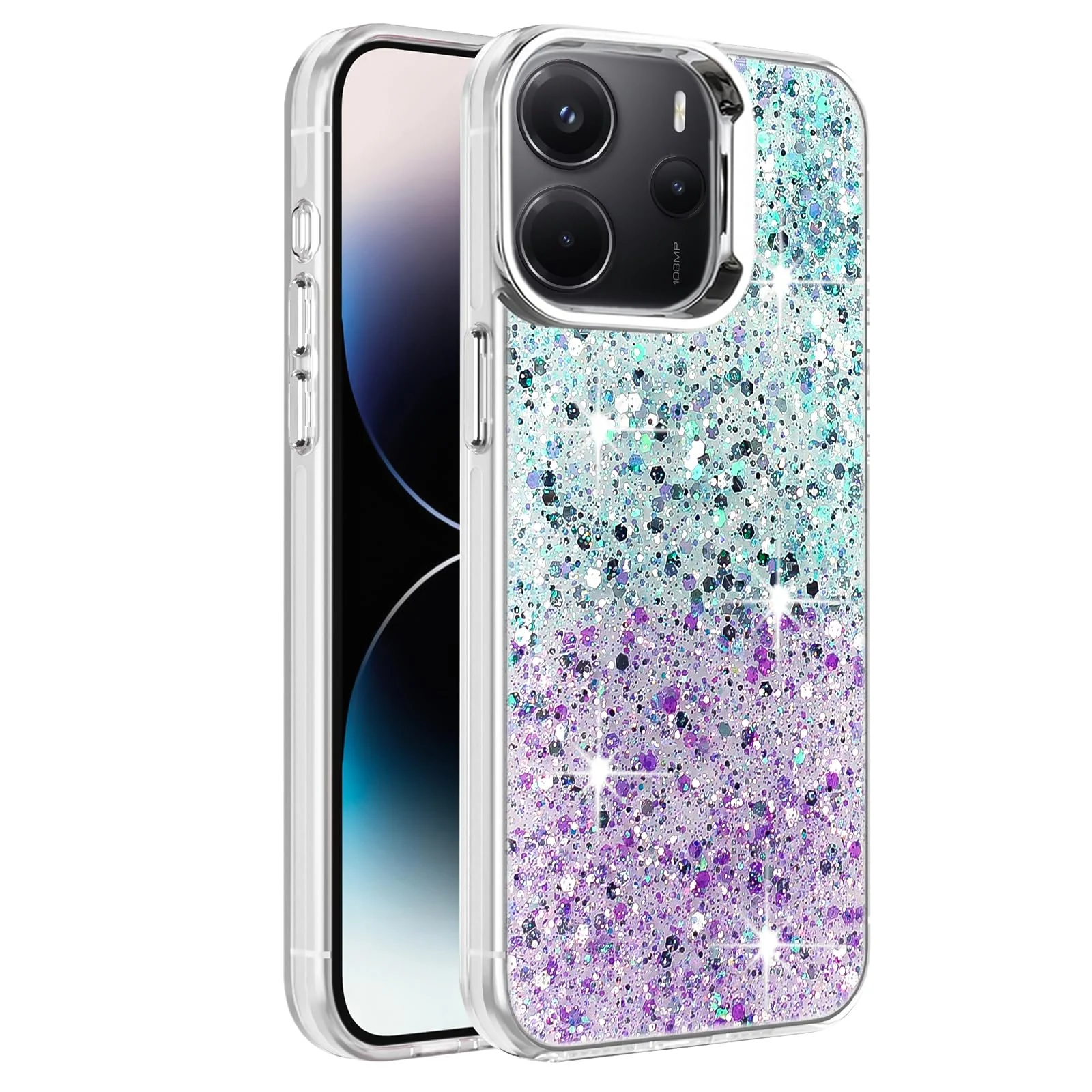 DL3 Mobilak Glitter Protective Case for Xiaomi Redmi Note 14 4G (Not 5G), Supports wireless charging, Camera protection, Shock-absorbing protection - Green Purple