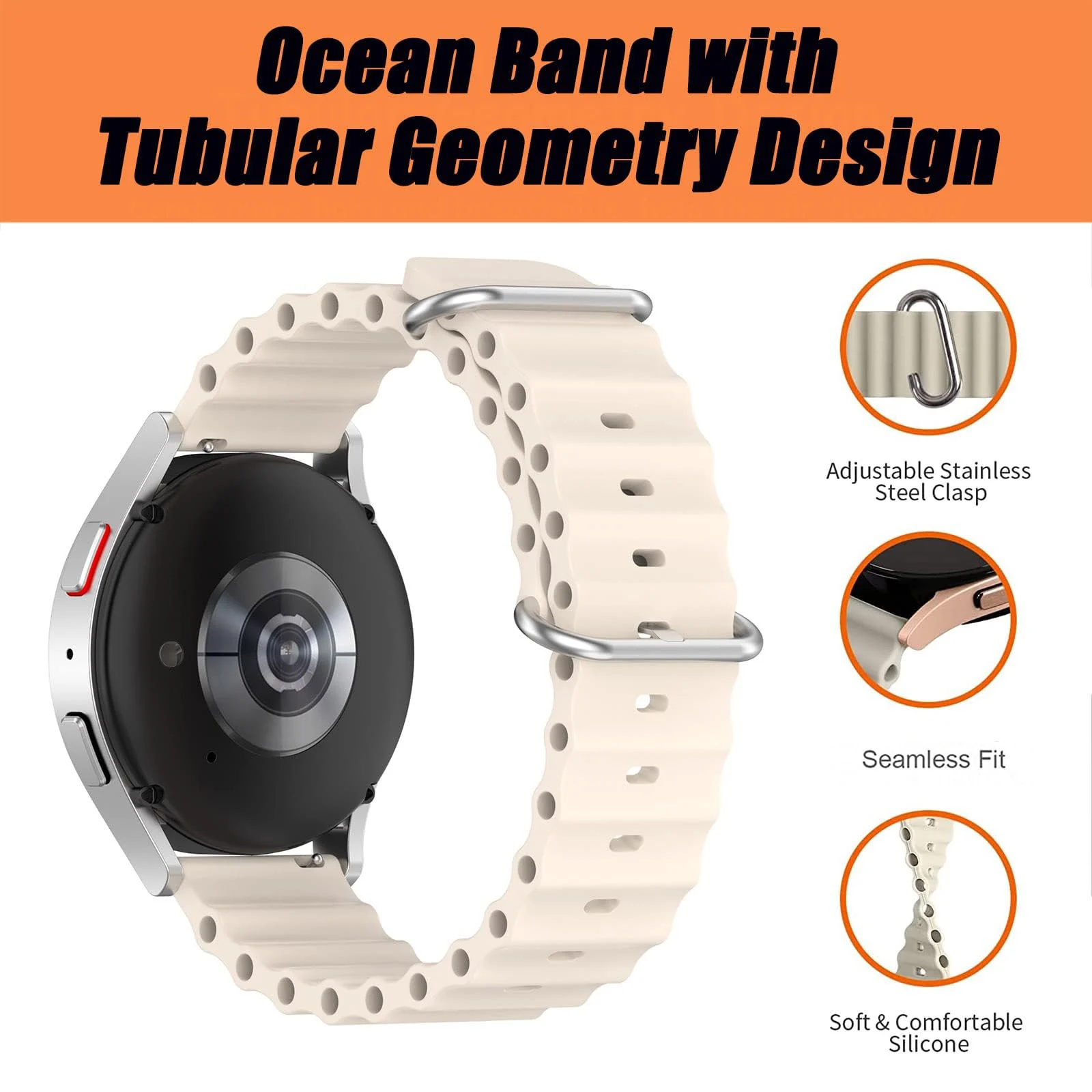 DL3 Mobilak 20mm Ocean Band for Samsung Galaxy Watch 7/6/5/4/FE Band 40mm 44mm/Galaxy Watch 6/4 Classic Bands 47mm 43mm 46mm 42mm/Watch 5 pro 45mm/3 41mm/Active 2, Adjustable Soft Silicone Sport Loop Ocean Strap - Starlight