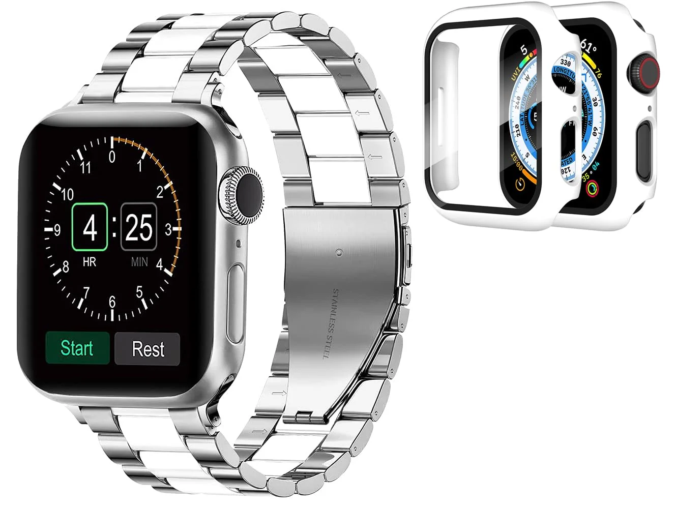 DL3 Mobilak Stainless Steel Band with Case Compatible with Apple Watch Band 45mm Series 9/8/7, Men Woman Business Strap with Protective Bumper Cover for iWatch Series 7/8/9 45mm - Silver White