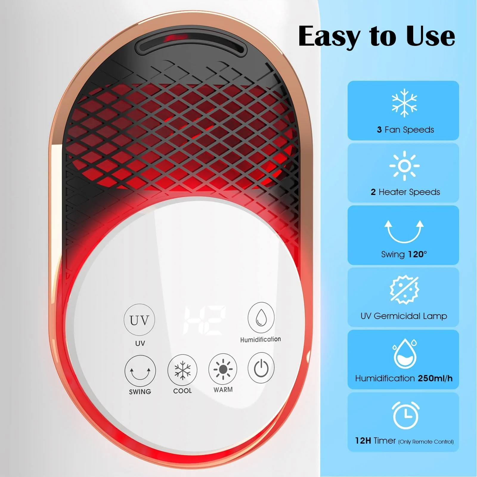 Mobigon 4 in 1 Fan and Heater Combo with Humidification, 4L Water Tank with Remote Control, Touch, 180° Oscillating, 2 Speed Heating, 3 Speed Cooling, 12H Timer Tip-over & Overheat Protection - White