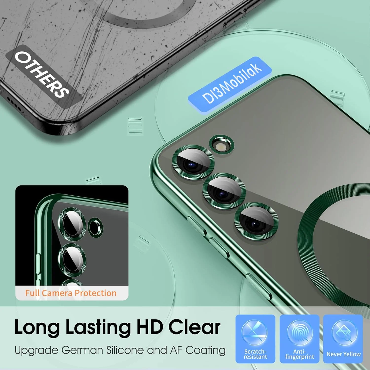 DL3 Mobilak Clear TPU Card Holder Case for Samsung Galaxy S23 FE with Camera Protection and Magnetic Car-Mount Support - Green
