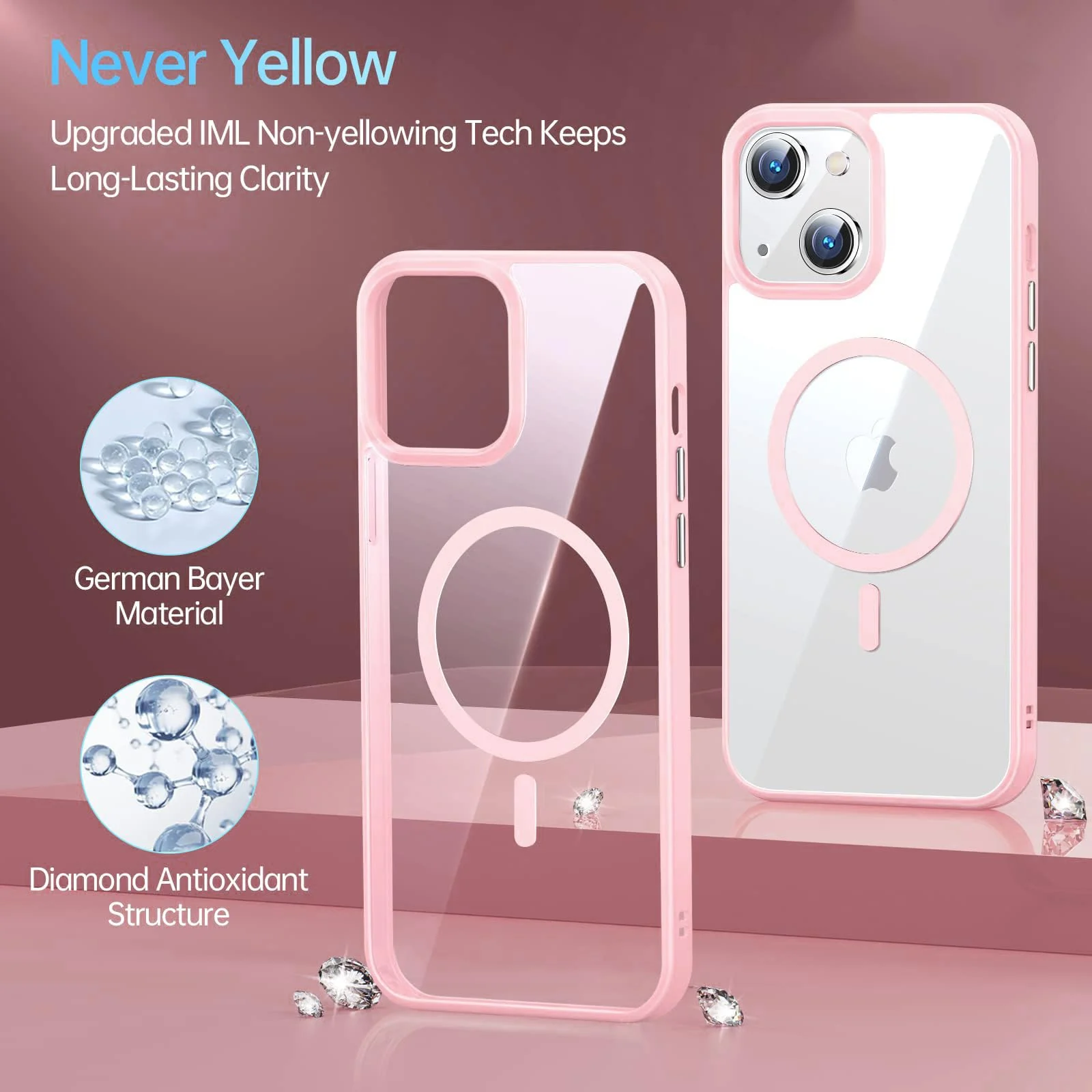 DL3 Mobilak Clear MagSafe-Compatible TPU Case for iPhone 13, iPhone 14 - Pink