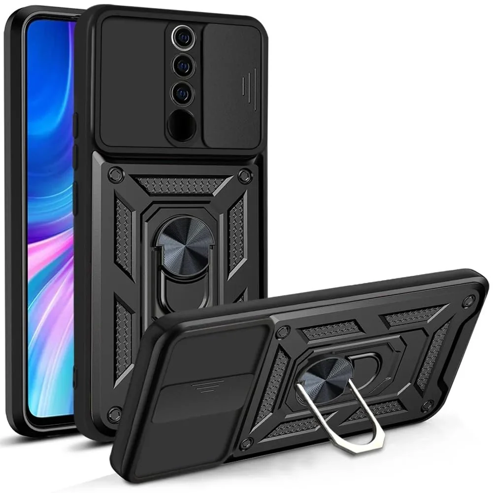 DL3 Mobilak Military-Grade Protective Case with Sliding Camera Cover, Metal Ring Kickstand and Magnetic Car-Mount Support for Xiaomi Redmi Note 8 Pro - Black