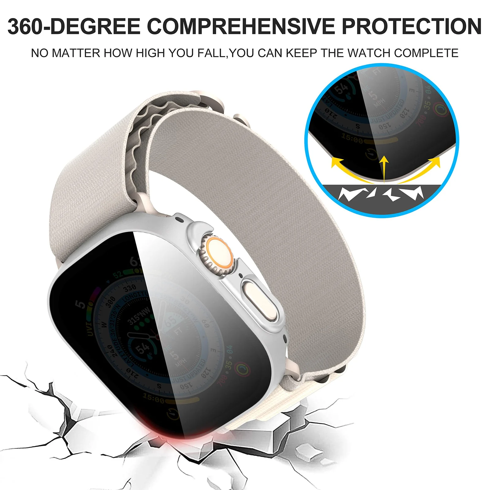 DL3 Mobilak Cover for Apple Watch Ultra 3/2/1 49mm Privacy Screen Protector Anti Spy, Shockproof Bumper Case, Integrated Hard PC Protective Case in HD Tempered Glass for Apple Watch Ultra - Silver