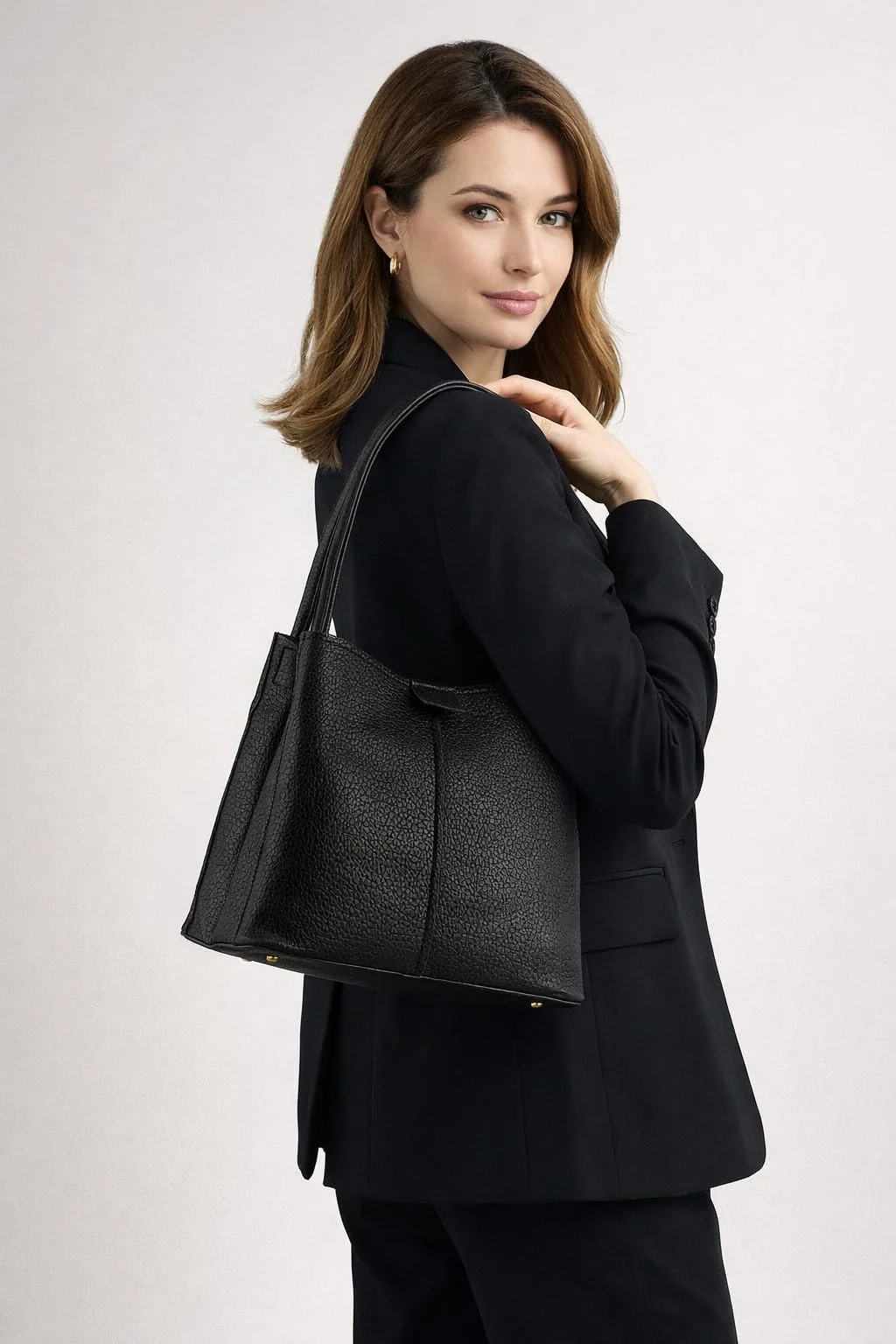 Mobigon Premium Women’s Handbag with Pebbled PU Leather, Elegant Top-Handle Design, 3 Organized Compartments, Zippered Center with Inner Pockets & Magnetic Closures for Work & Daily Use - Black