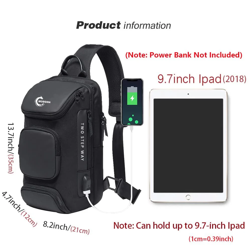 Mobigon Laptop Sling Backpack Anti Theft Bag, Hiking Daypack 13 Inch Fits iPad - Tablet 7 to 9.7 Inch Nylon Travel Bags for Men, Single Shoulder Camping Dayback with USB Charging Port - Black