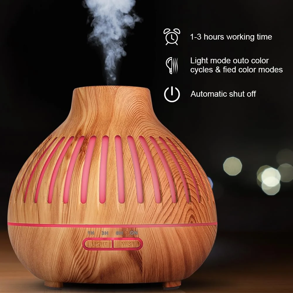 Mobigon Essential Oil Diffuser, Aromatherapy Diffuser 500ml with Remote Control, 4 Timer & Auto-Off Safety Switch, 7 Color LED Lights Mode, 10 Hours Quiet Humidifier for Bedroom - G.Light Brown