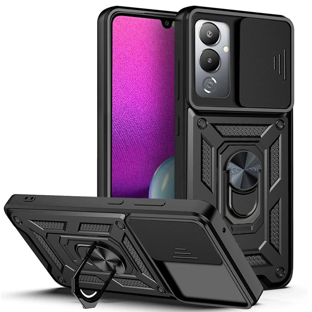 DL3 Mobilak Military-Grade Protective Case with Sliding Camera Cover, Metal Ring Kickstand and Magnetic Car-Mount Support for Infinix Hot 20 4G - Black