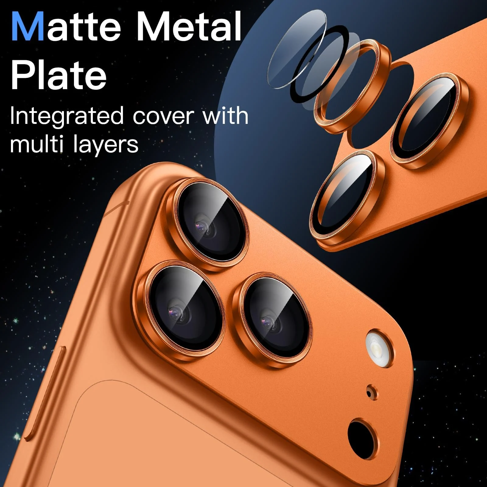 DL3 Mobilak Camera Protection for iPhone 17 Pro Max 6.9-Inch, Full Coverage 9H Tempered Glass Ring Cover, Matte Metal Plate, Does Not Influence on the Case, Pack of 1 - Orange