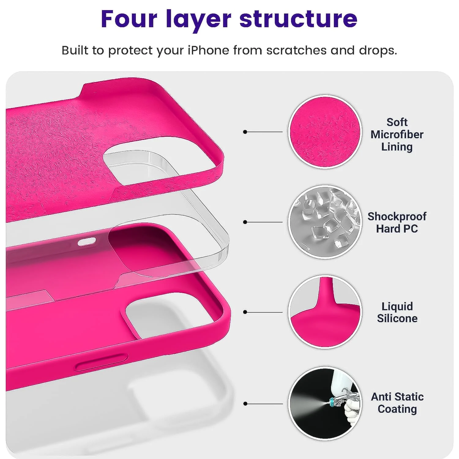 DL3 Mobilak Liquid Silicone Protective Case for iPhone 15 with Camera Protection and Microfiber Lining - Hot Pink