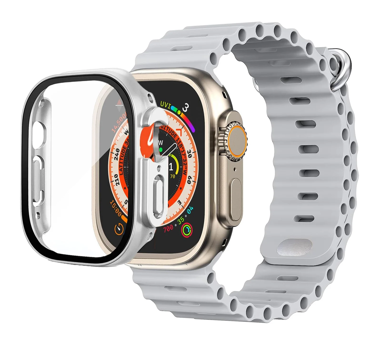DL3 Mobilak Ocean Band with Case For Apple Watch Ultra 49mm, Adjustable Silicone Sport Loop Ocean Strap Men Women Strap With Protective Cover Screen Shockproof for iWatch Ultra 2 49mm - Grey