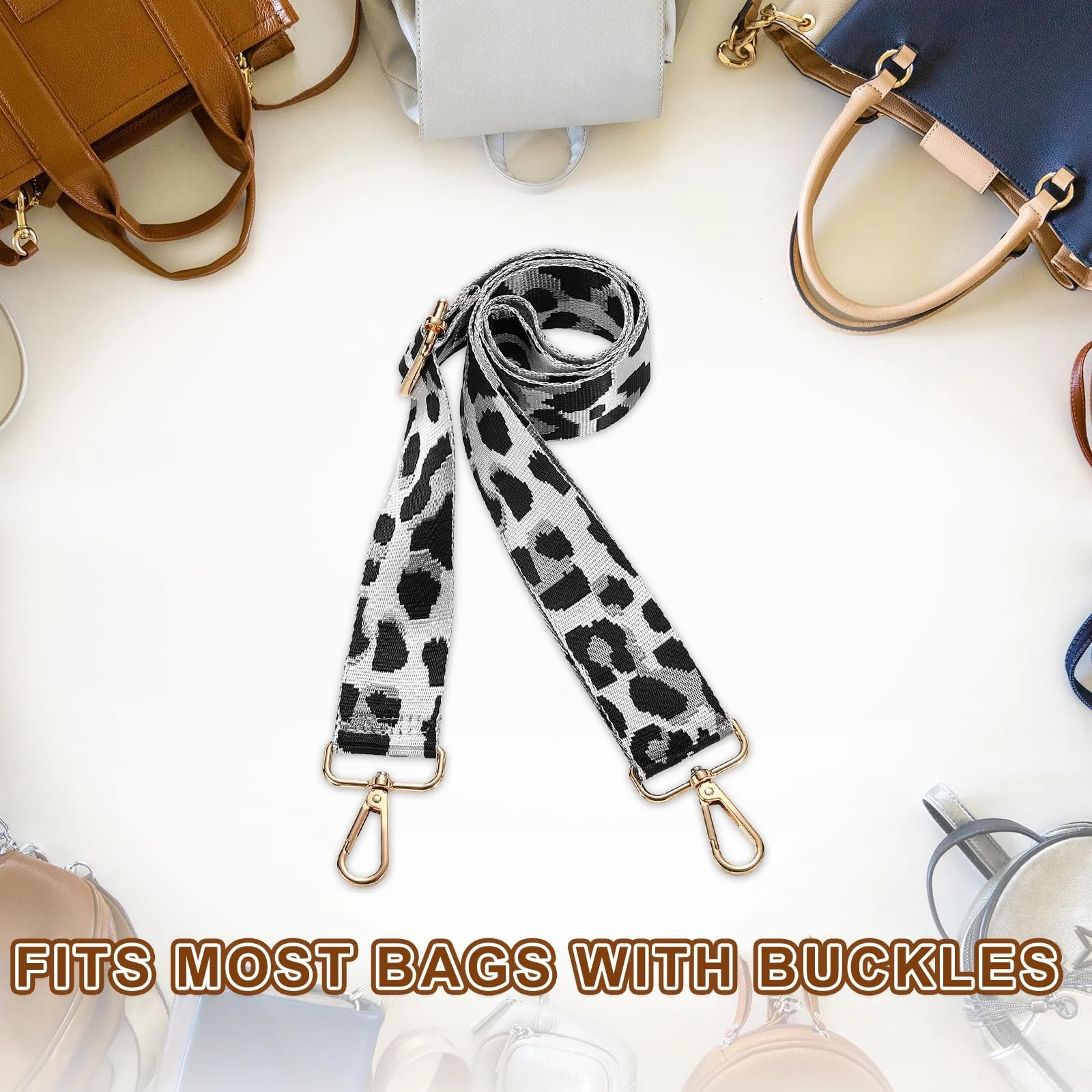 DL3 Mobilak Adjustable Wide Crossbody Bag Strap for Women, Replacement Shoulder Strap for Handbags, Totes & Purses with Elegant Embroidered Pattern and Metal Hooks - Leopard Silver