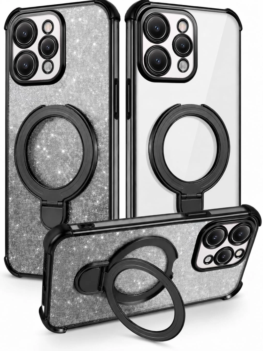 MOBIGON Glitter Phone Case with Magnetic Ring Stand for Xiaomi Redmi 12 4G / 5G, Black