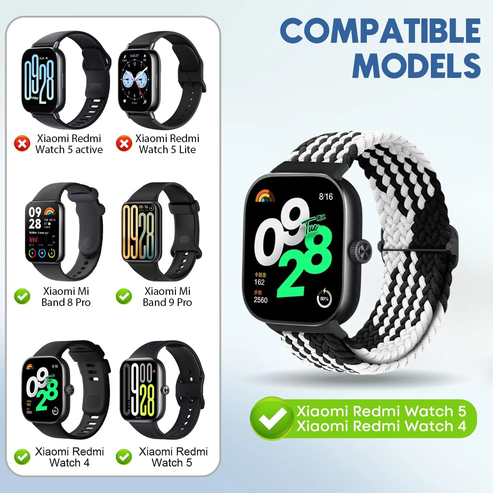 DL3 Mobilak Braided Band For Redmi 4/5 / 6 / Xiaomi Smart Band 8 Pro/Band 9 Pro for Women Men, Adjustable Braided Bands Straps Elastics Sport Wristband Nylon Strap - Black White