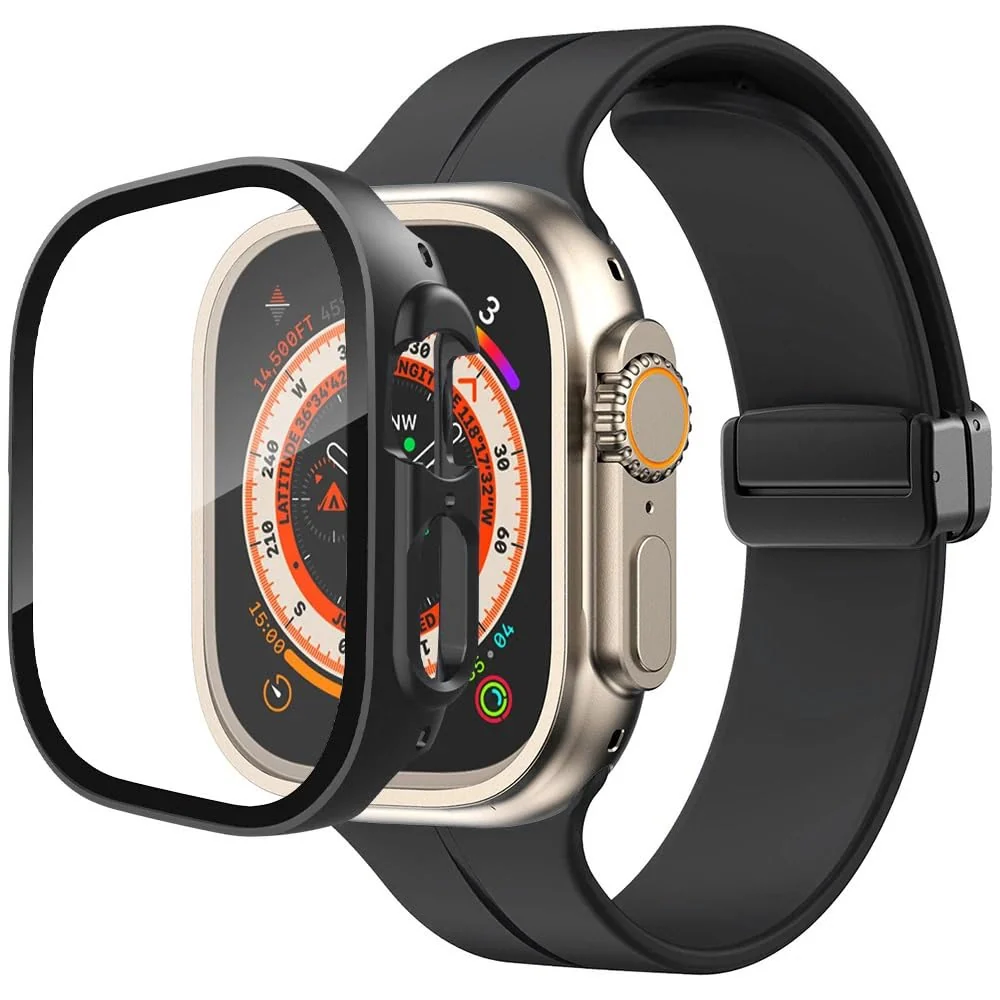 DL3 Mobilak Silicone Magnetic Band with Case For Apple Watch Ultra 49mm, Soft Sport Silicone Replacement Wristband Strap with Protective Bumper Cover for Apple Watch Ultra 2 Ultra 49mm - Black