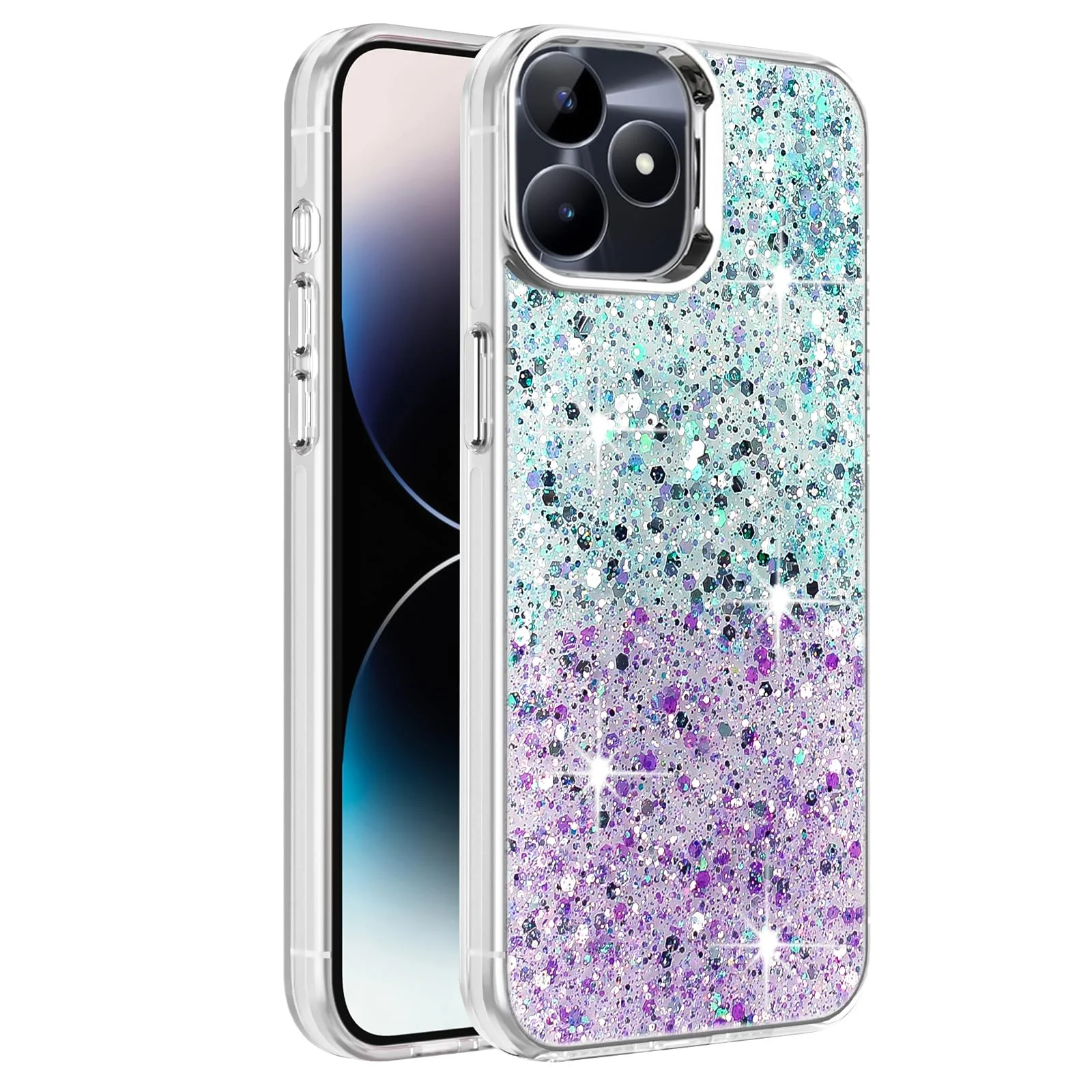 DL3 Mobilak Glitter Protective Case for realme C53 / realme C51 / realme Note 50, Supports wireless charging, Camera protection, Shock-absorbing protection - Green Purple