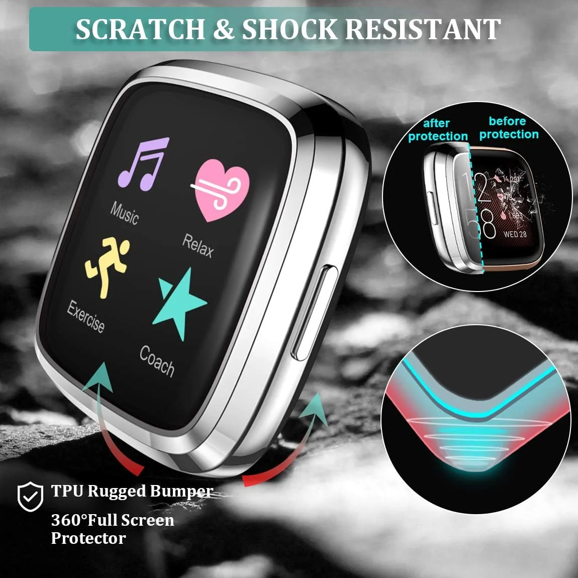 DL3 Mobilak Case Compatible with Fitbit Versa 2 Case All-Around with Built-in Screen Protector Watch Soft TPU Shockproof Cover Slim Guard Thin Bumper Shell Protector For Versa 2 - Silver