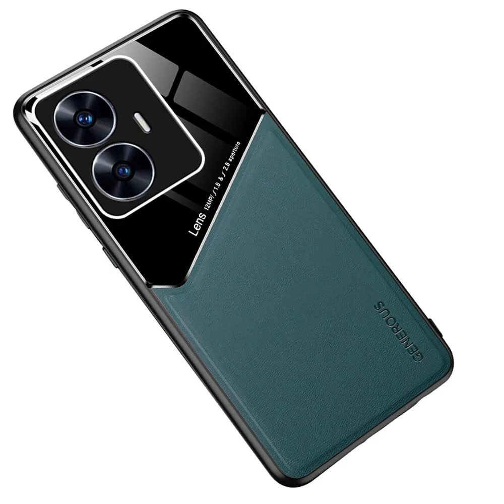DL3 Mobilak Leather and PC Protective Case for realme C55 / Narzo N55, Built-in magnetic car-mount support, Shock-absorbing protection, Raised edges around the screen and camera - Green