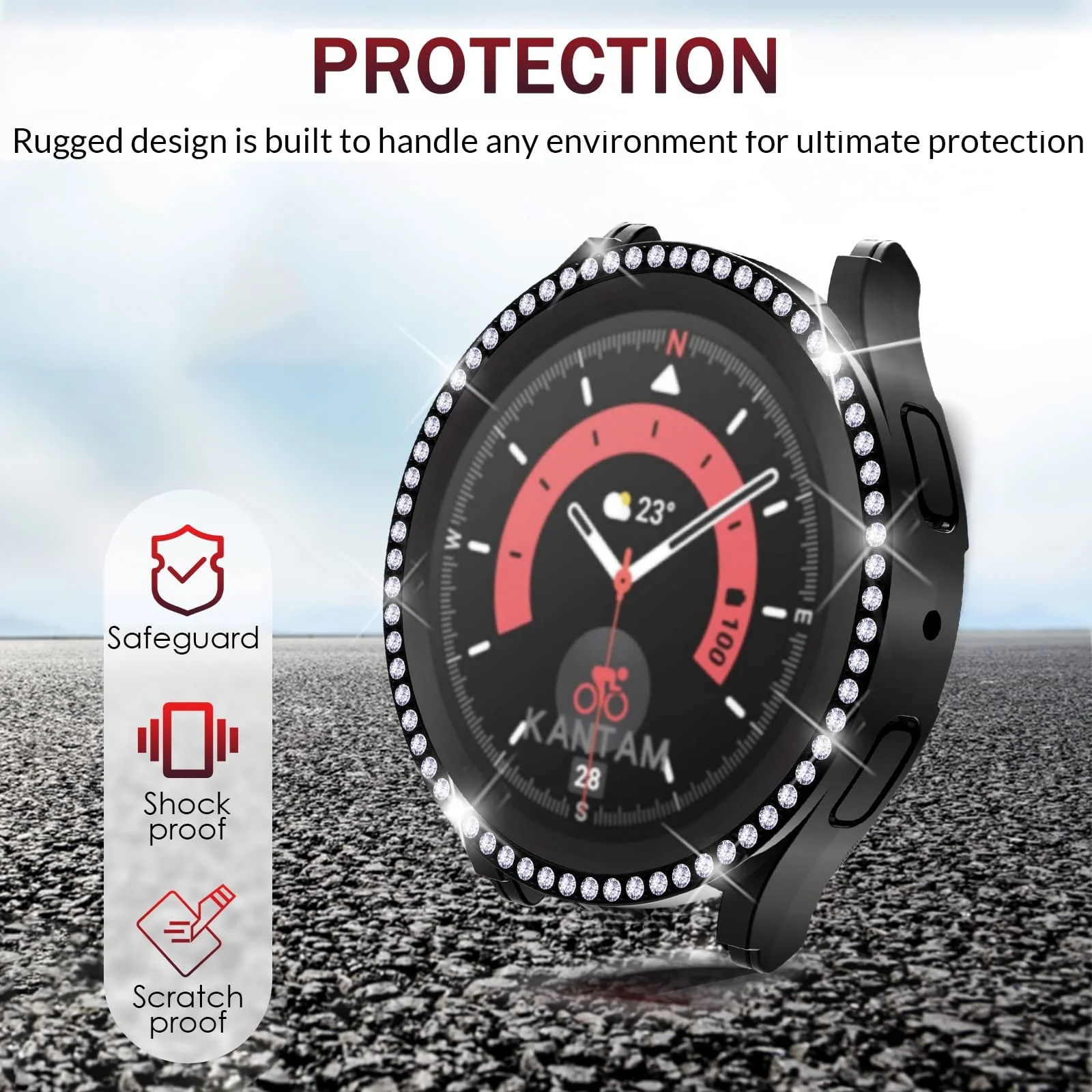 DL3 Mobilak Bumper Diamond Case Compatible with Samsung Galaxy Watch 4 Classic 46mm, Bling Crystal Diamonds PC Plastic Protector Case Cover Frame For Galaxy Watch4 Classic 46 MM - Black