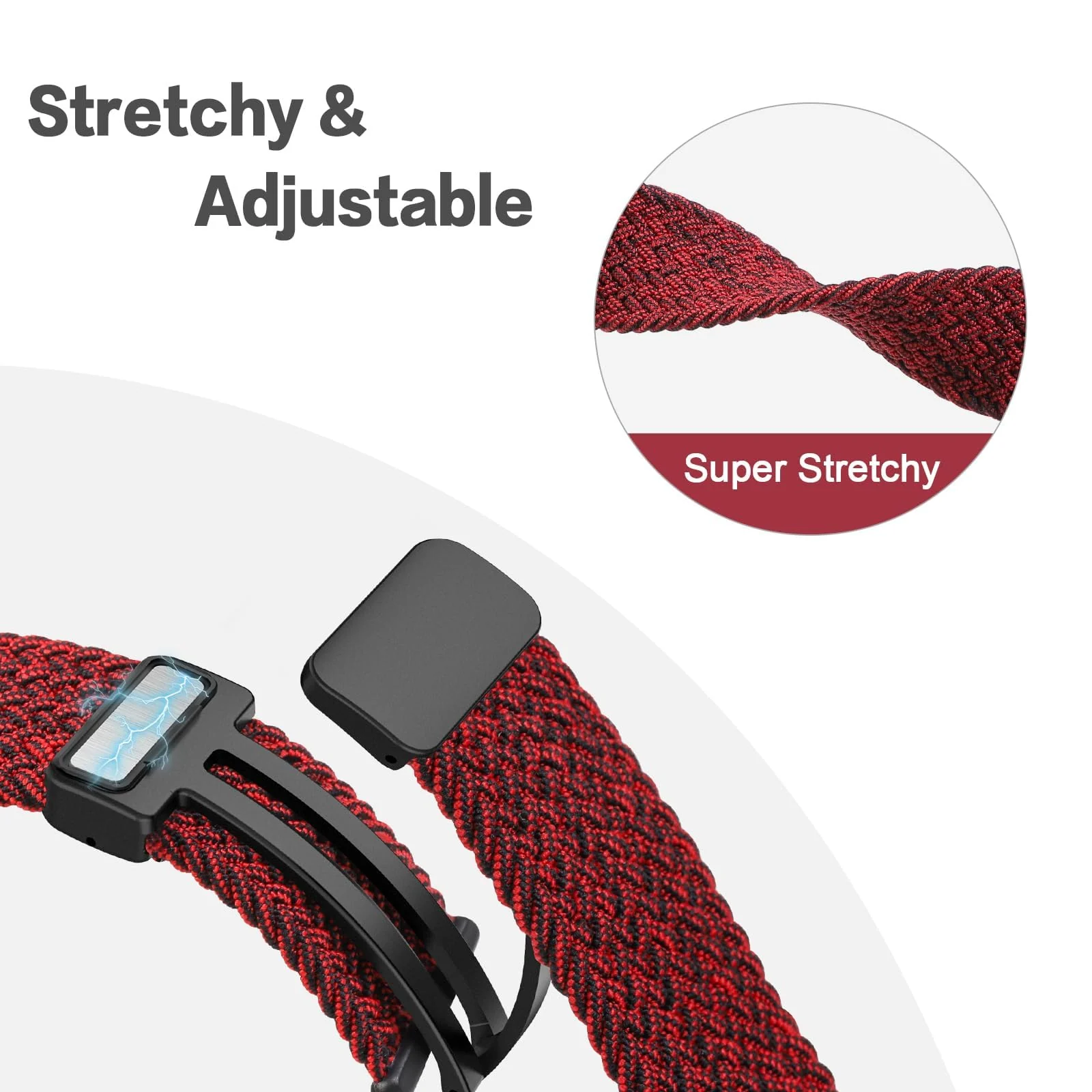 DL3 Mobilak Sport Solo Loop Compatible with Apple Watch Band 42mm 44mm 45mm 46mm 49mm for Women Men, Magnetic Strap Stretchy Braided Wristband for iWatch Series 11 10 9 8 7 6 5 4 3 Ultra 3 2 1 SE SE2 - Black Red