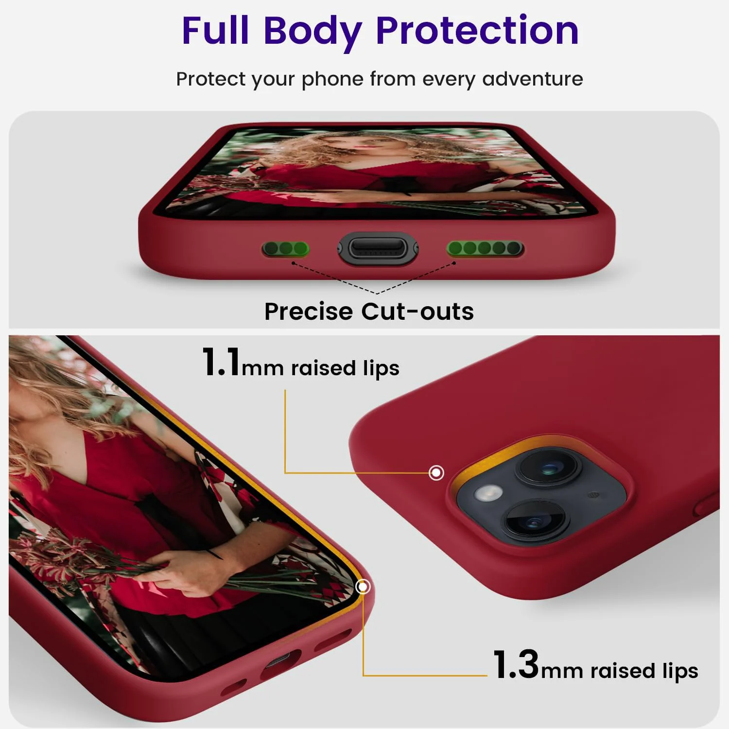 "DL3 Mobilak Liquid Silicone Protective Case for 𝐢𝐏𝐡𝐨𝐧𝐞 𝟏𝟓 𝐏𝐥𝐮𝐬, 𝐢𝐏𝐡𝐨𝐧𝐞 𝟏𝟒 𝐏𝐥𝐮𝐬 "" with Camera Protection and Microfiber Lining - Dark Red"