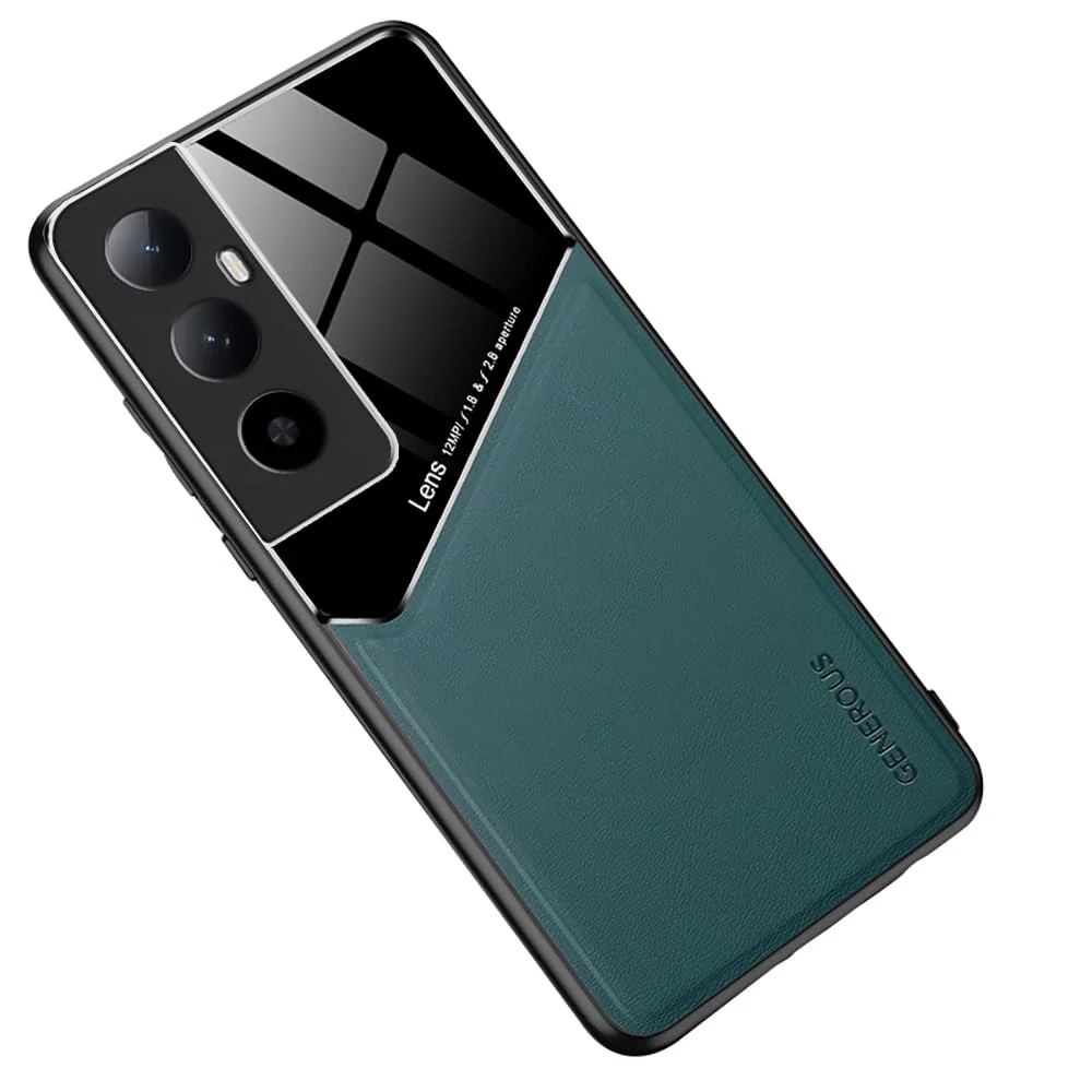 DL3 Mobilak Luxury Case Compatible with realme C65 4G, Ultra-Thin Soft TPU Frame, Back Leather Mixed Double+Plexiglass Protective Cover With Built-in Car Magnetic - Green