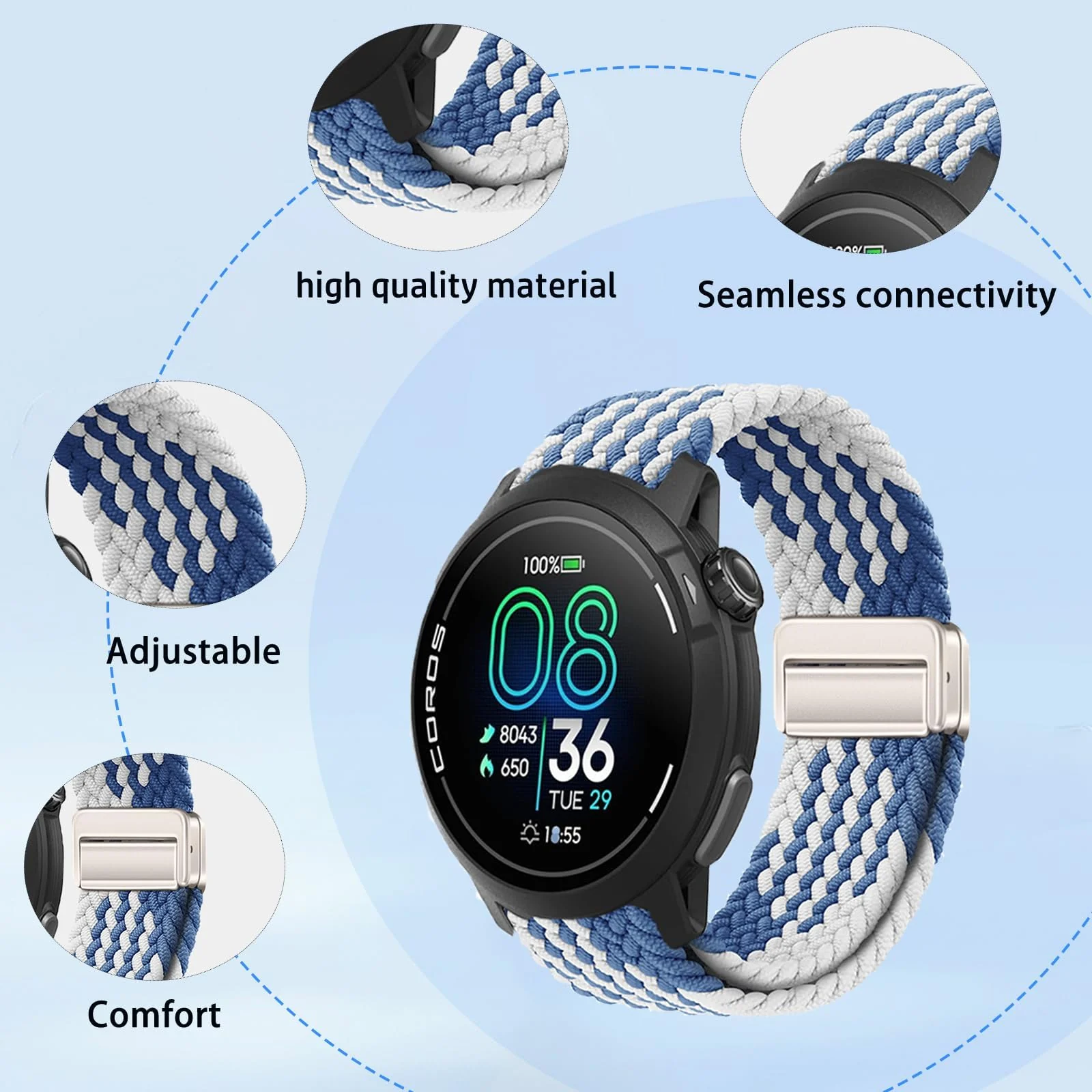 DL3 Mobilak 22mm Magnetic Band for Redmi Watch 5 Active/5 Lite/Samsung Galaxy Watch 3 45mm/Watch 46mm/Gear S3/Huawei watch GT6 GT5 46MM/GT2E/GT6 Pro/GT 5 Pro/Amazfit GTR 4/3, Stretchy Braided Nylon Sport Strap - Blue-white