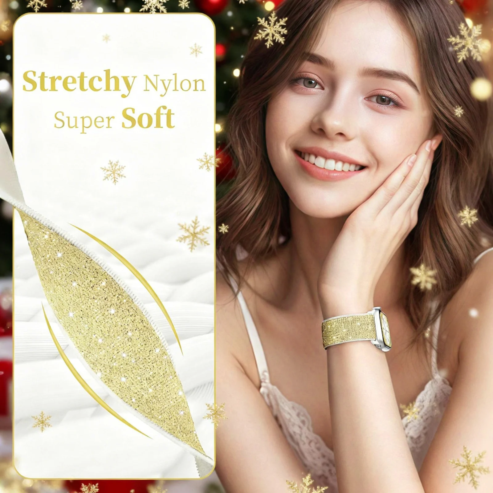 DL3 Mobilak Stretchy Bling Band For Apple Watch 49mm 46mm 45mm 44mm 42mm Women, Nylon Sparkly Strap Solo Loop Glitter Wristband for iWatch Series 11 10 9 8 7 6 5 4 SE3 SE2 SE Ultra 3 2 1 - Gold White