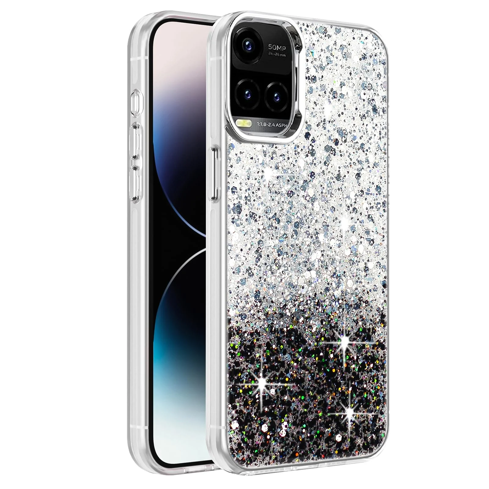 Dl3 Mobilak Compatible with Vivo Y33S 4G/Y33/Y21S /Y21 Case, Clear Glitter Bling Sparkly, Soft TPU Frame Bumper, Hard-Back Cover for Women & Girls, Transparent Protective Phone Case (Pink Green)