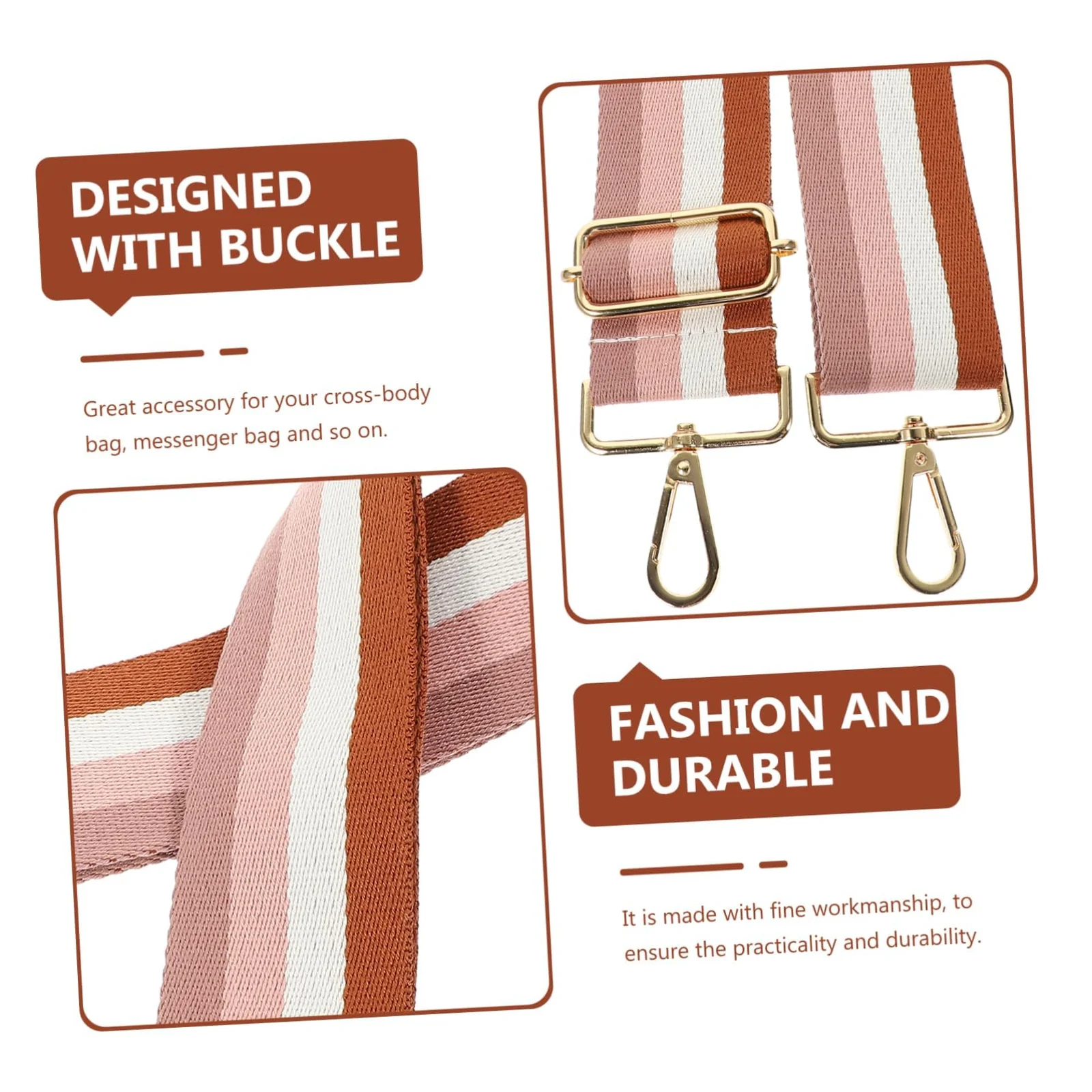 DL3 Mobilak Adjustable Wide Crossbody Bag Strap for Women, Replacement Shoulder Strap for Handbags, Totes & Purses with Elegant Embroidered Pattern and Metal Hooks - Brown/White/Pink