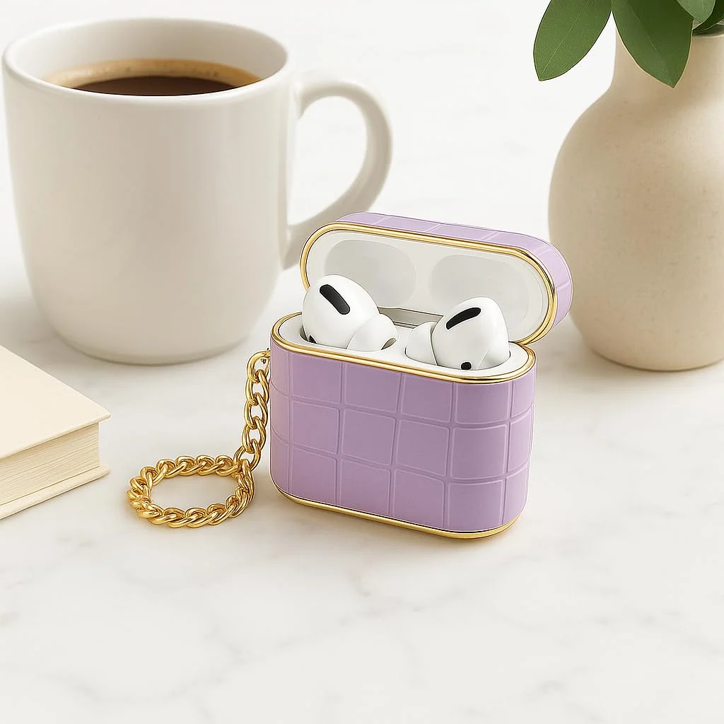 DL3 Mobilak Luxury AirPods 4 Case with Gold Chain, Crocodile Pattern PU Leather Protective Cover for Apple AirPods 4th Generation 2024, Shockproof, Stylish Gift for Women & Men - Velvet Purple