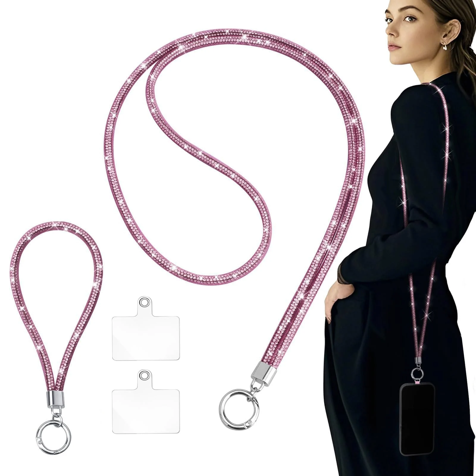 DL3 Mobilak Universal Phone Lanyard Crossbody, Rhinestone Cell Phone Chain Anti-Theft with 1× Shiny Phone Strap, 1× Wrist Strap, 2× Pads for Most Smartphones, Phone Neck Holder for Women - 2pcs Pink