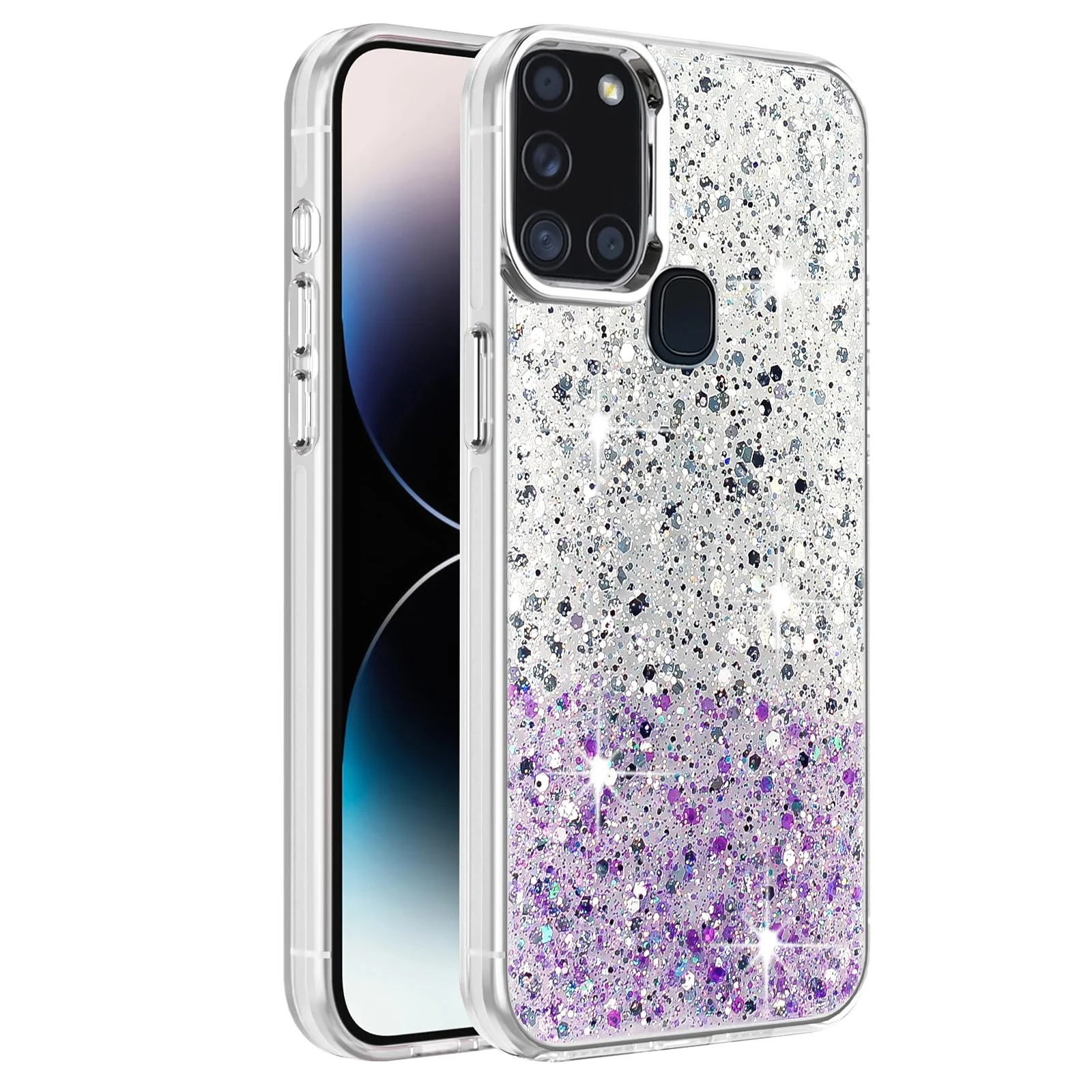DL3 Mobilak Glitter Rhinestone Protective Case for Samsung Galaxy A21s with Shockproof Design - White Purple