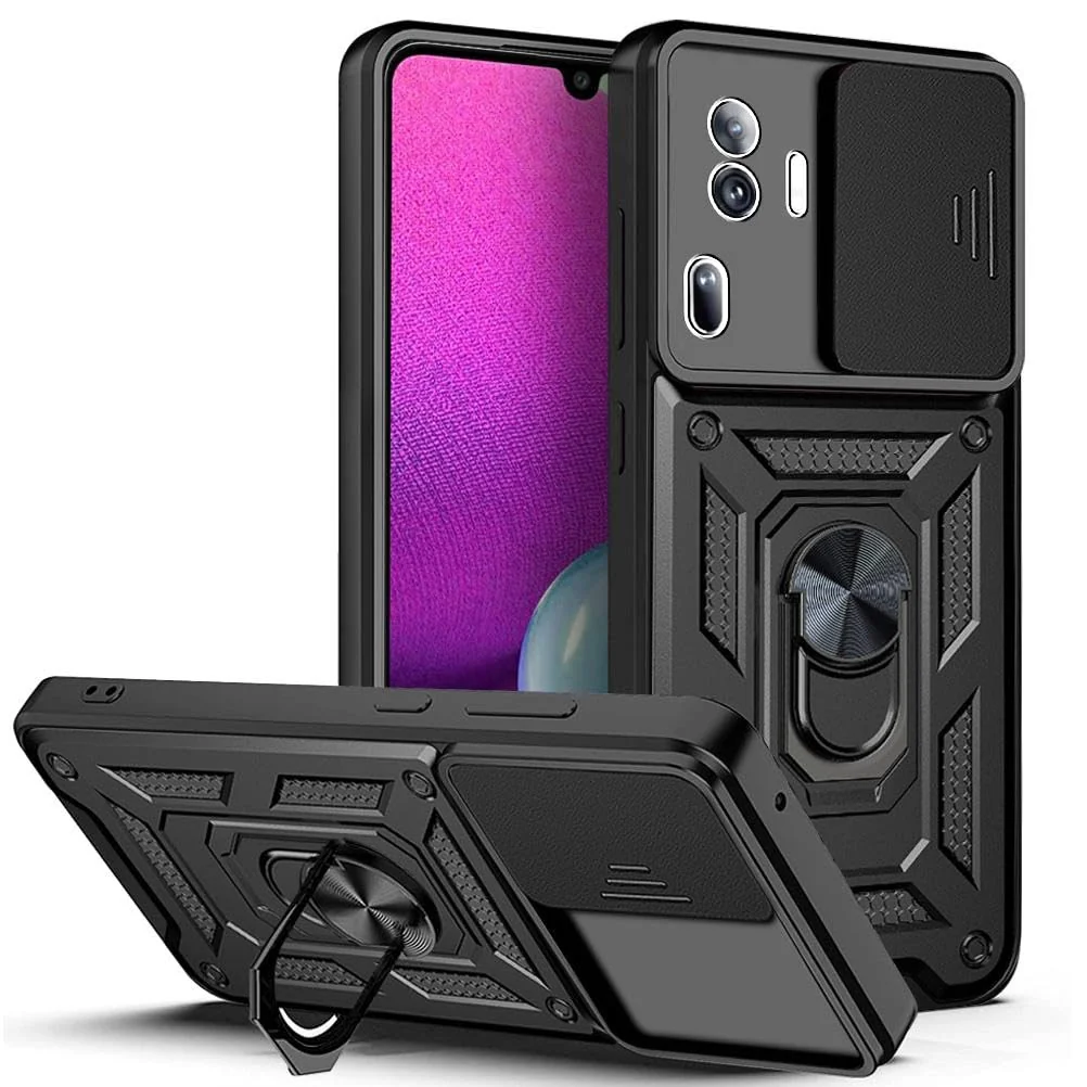 Dl3 Mobilak Case for Oppo Reno 10 Pro+ Plus 5G with Slide Camera Cover, Military Grade Shockproof Protective Cover with Rotatable Metal Ring Kickstand [Support Magnetic Car Mount] (Rose Gold)