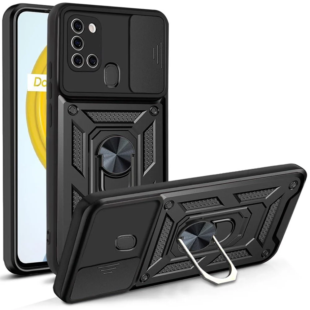 DL3 Mobilak Military-Grade Protective Case with Sliding Camera Cover, Metal Ring Kickstand and Magnetic Car-Mount Support for Samsung Galaxy A21s - Black