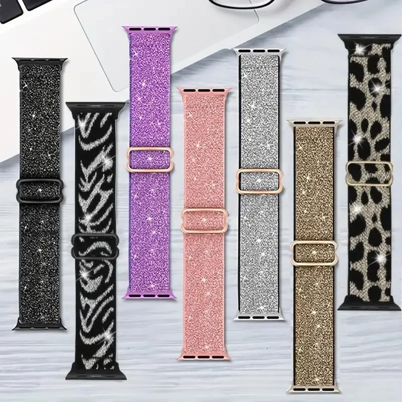 DL3 Mobilak Nylon Solo Loop Stretchy Straps For Apple Watch Band 49mm 45mm 44mm 42mm 41mm 40mm 38mm, Elastic Wristbands for Series 8 9 Ultra 7 6 5 4 3 2 1 (Shiny Leopard, 42MM/44MM/45MM/49MM) - Shiny Gold Leopard