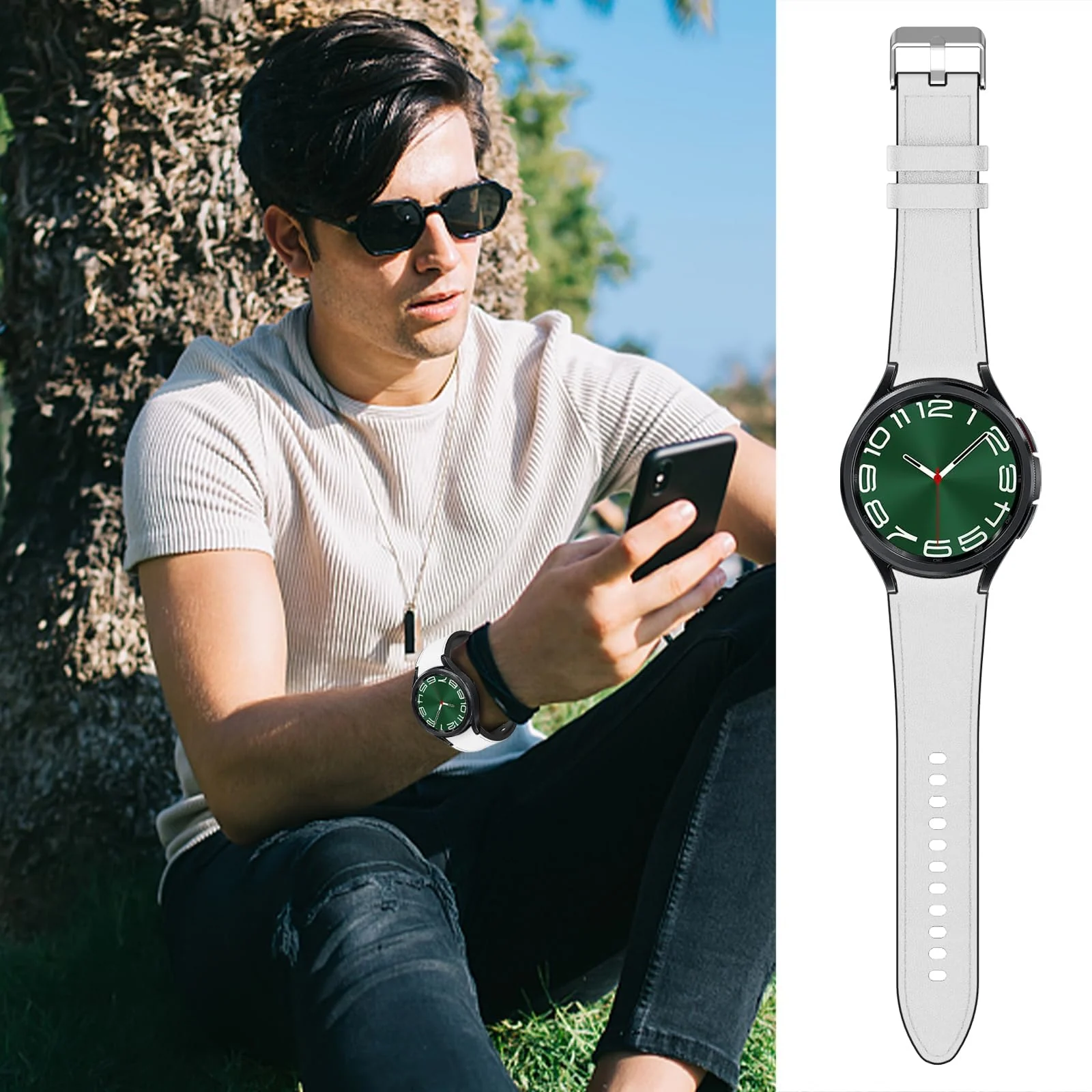 DL3 Mobilak No Gap Leather silicone Bands Compatible with Samsung Galaxy Watch 6 5 4 40mm 44mm, Galaxy Watch 5 Pro Band 45mm/ Watch 6 4 Classic Band 42mm 46mm 43mm 47mm Soft Strap - White