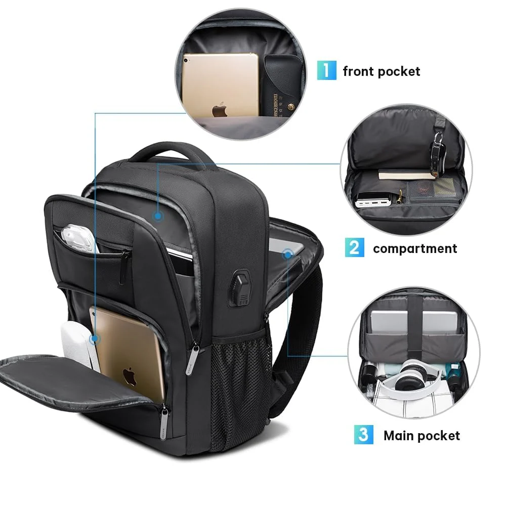 Mobigon Business Laptop Backpack, 15.6 Inch Travel Laptop Bag Rucksack with USB Charging Port, Water-Resistant Bag Daypack for Work College Computer Men Women Backpack - Black