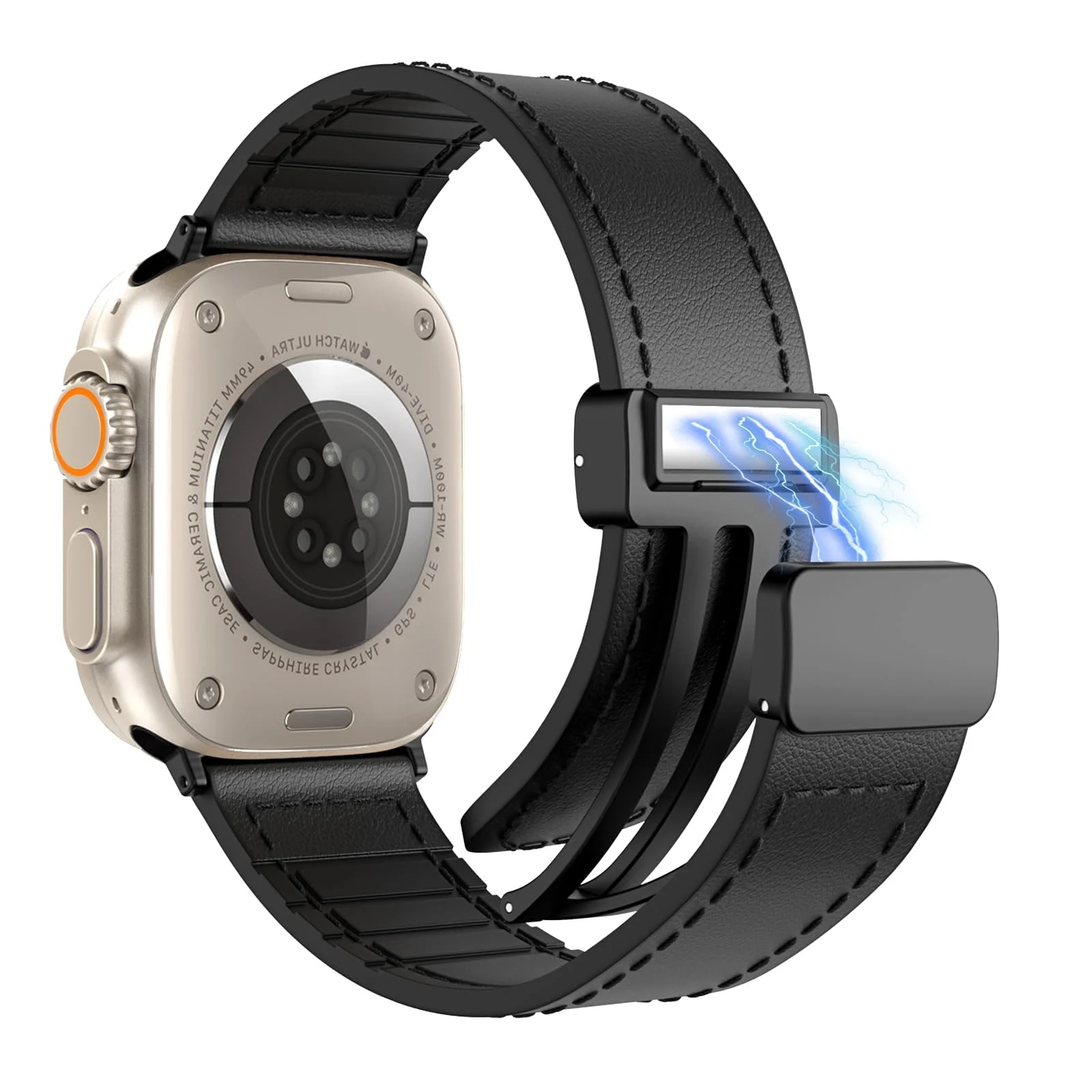 DL3 Mobilak Leather Bands Compatible with Apple Watch Band 49mm 45mm 44mm 42mm, Leather Magnetic Buckle Design Strap For iWatch Ultra Ultra 2 SE Series 9 8 7 6 5 4 3 2 1 Wristband For Men Women - Black