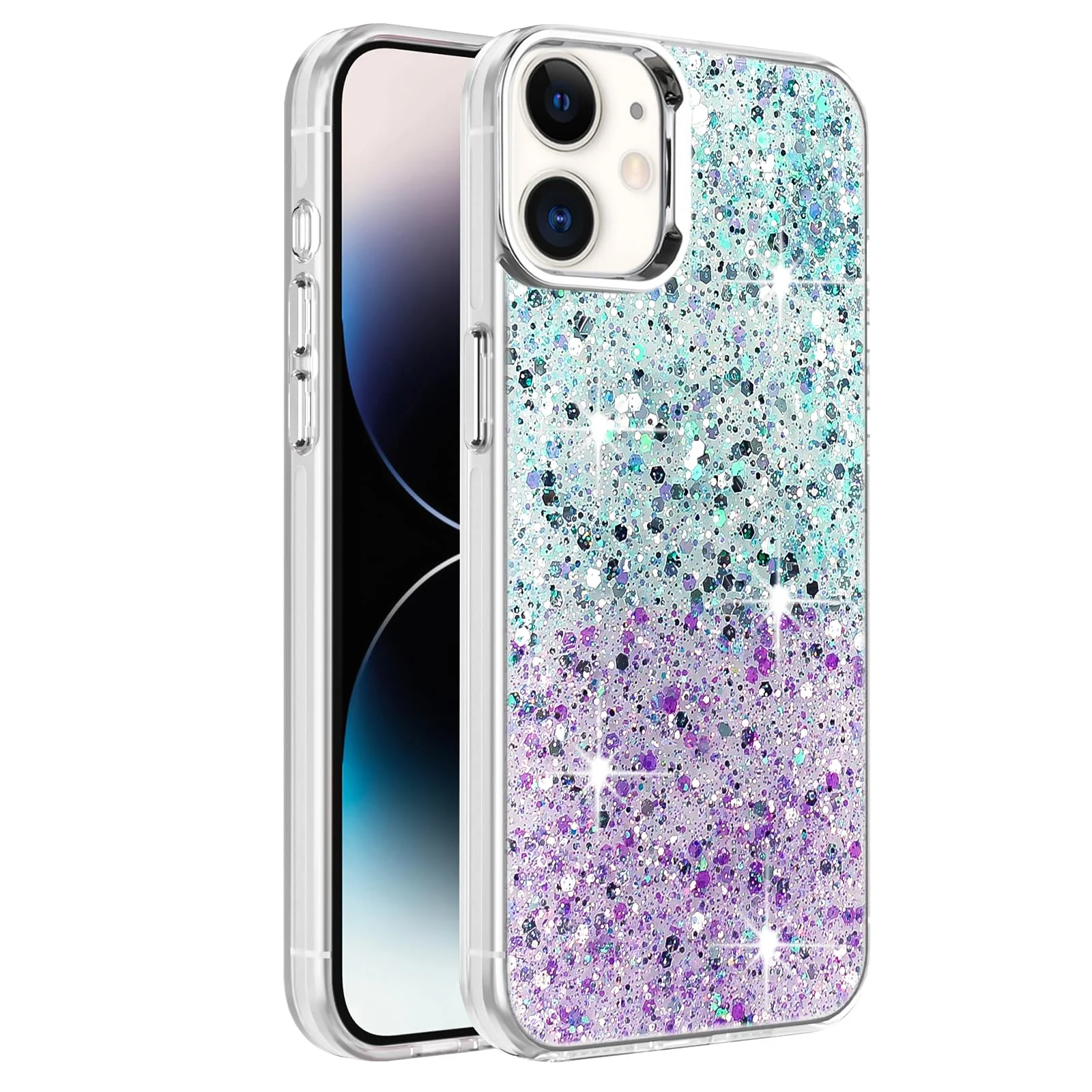 DL3 Mobilak Glitter Protective Case for Apple iPhone 11, Supports wireless charging, Camera protection, Shock-absorbing protection - Green Purple