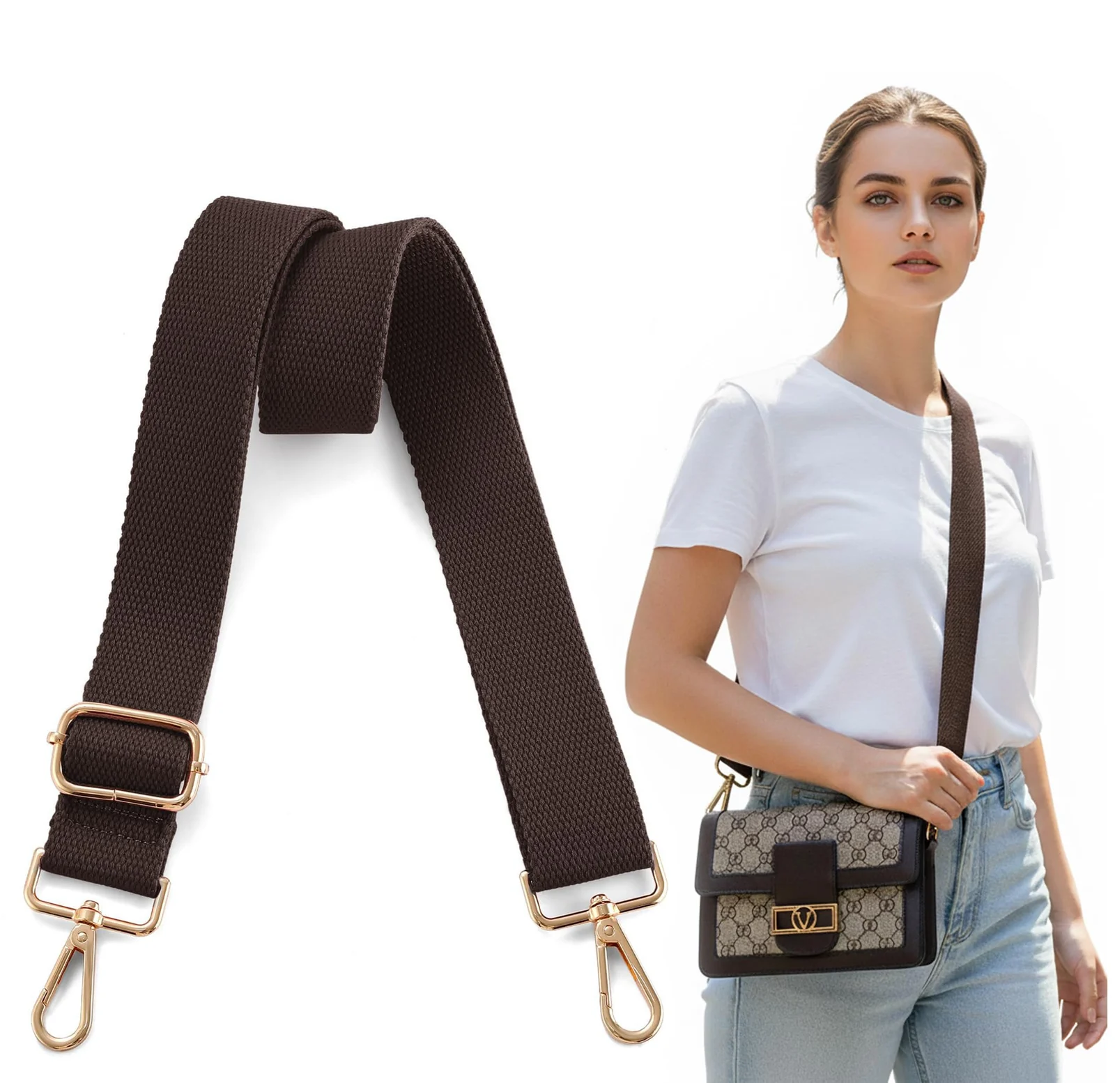 DL3 Mobilak Adjustable Wide Crossbody Bag Strap for Women, Replacement Shoulder Strap for Handbags, Totes & Purses with Elegant Embroidered Pattern and Metal Hooks - Coffee