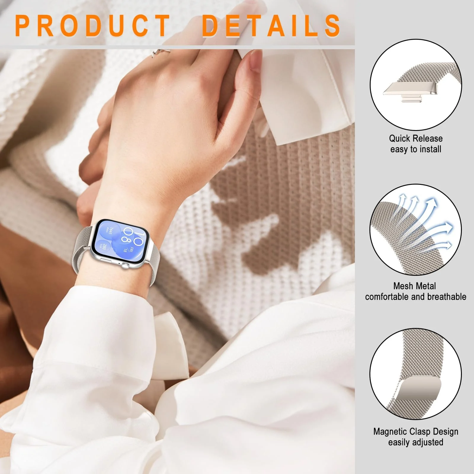 DL3 Mobilak Bracelet Compatible with Huawei Watch Fit 3, Stainless Steel Replacement Straps, Mesh Metal Watch Strap, Magnetic Adjustable Replacement Strap For Huawei Watch Fit3 - Starlight